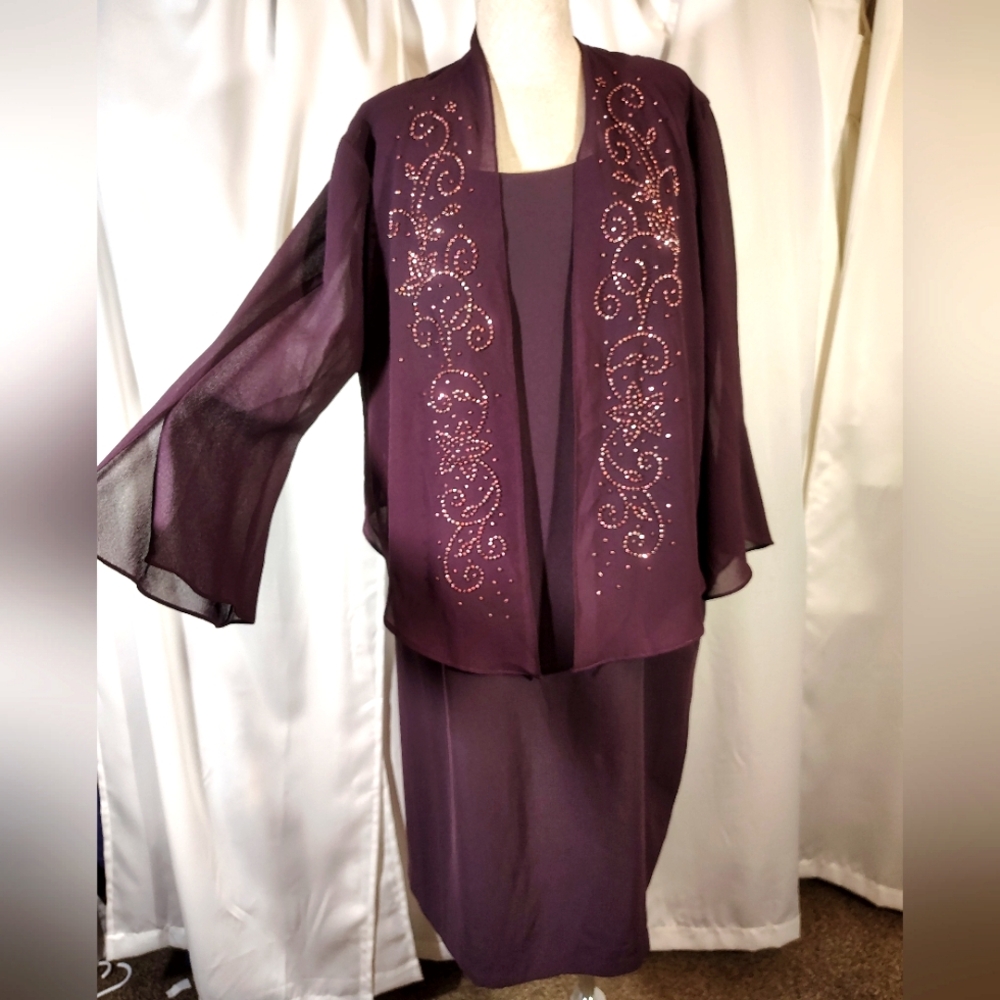 2 Pc: R&M Richards Midi Dress+ See Thru Sweater-Purple Anna Maxwell Beaded,16-18